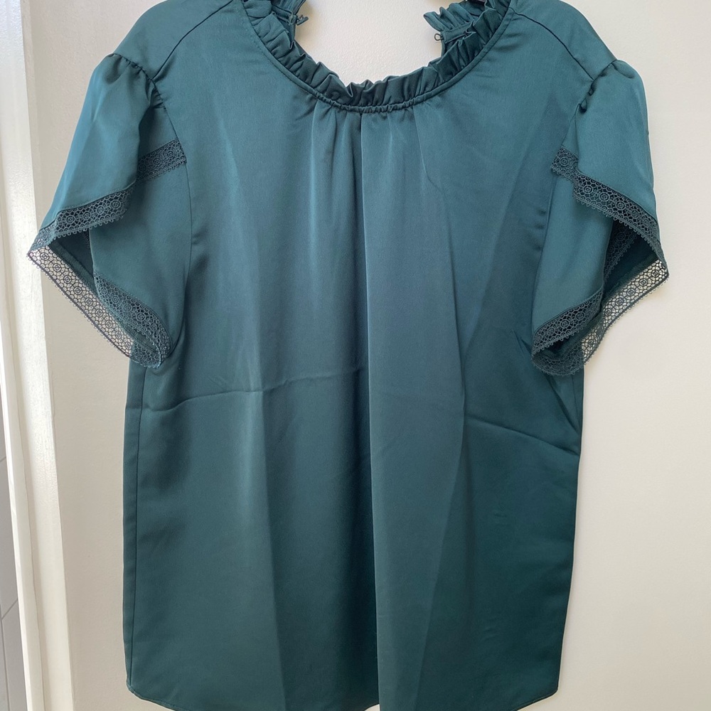 J.Crew Ruffle Neck Tulip Sleeve Deep Green Blouse NWT